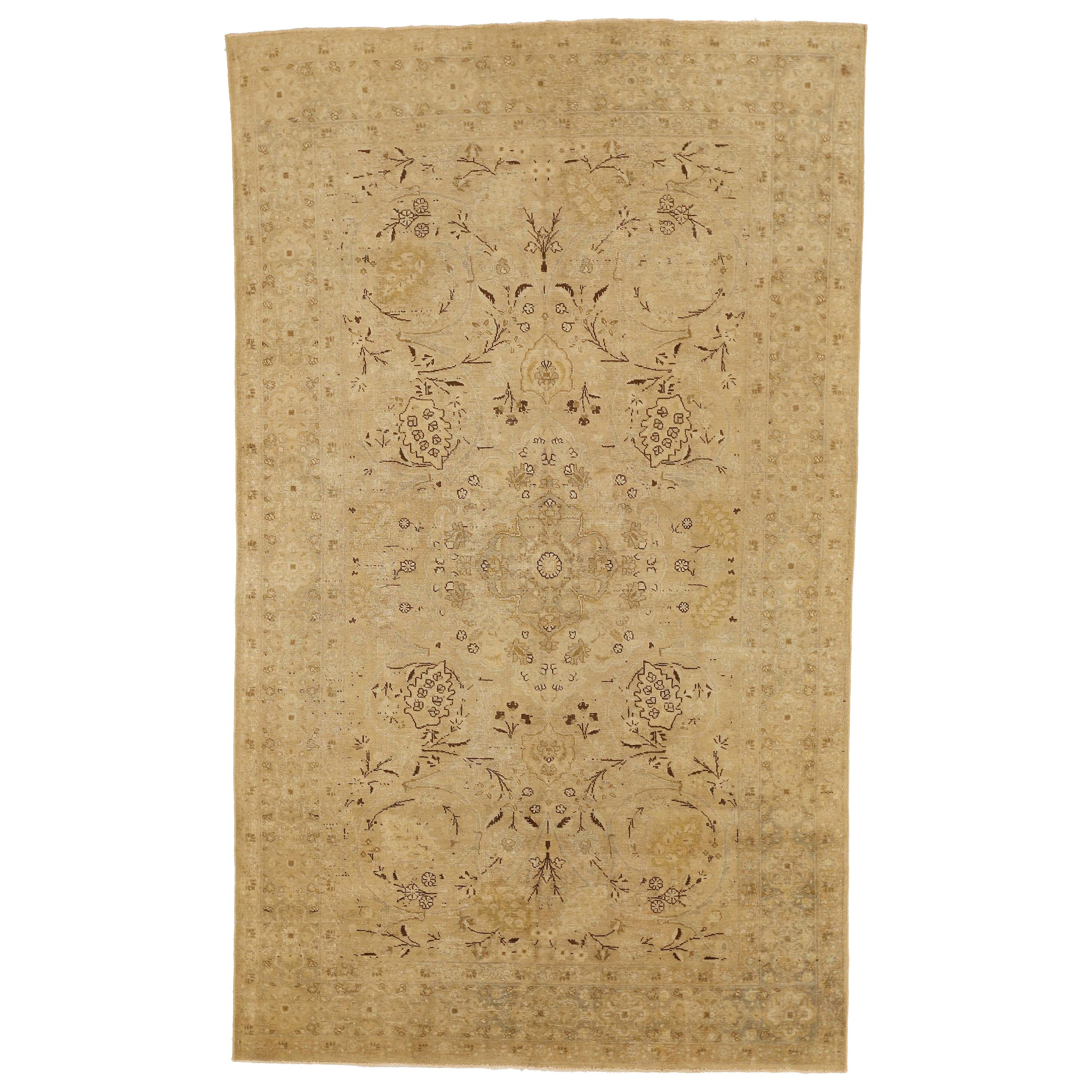 Antique Persian Tabriz Rug with Brown Botanical Details on Ivory Field