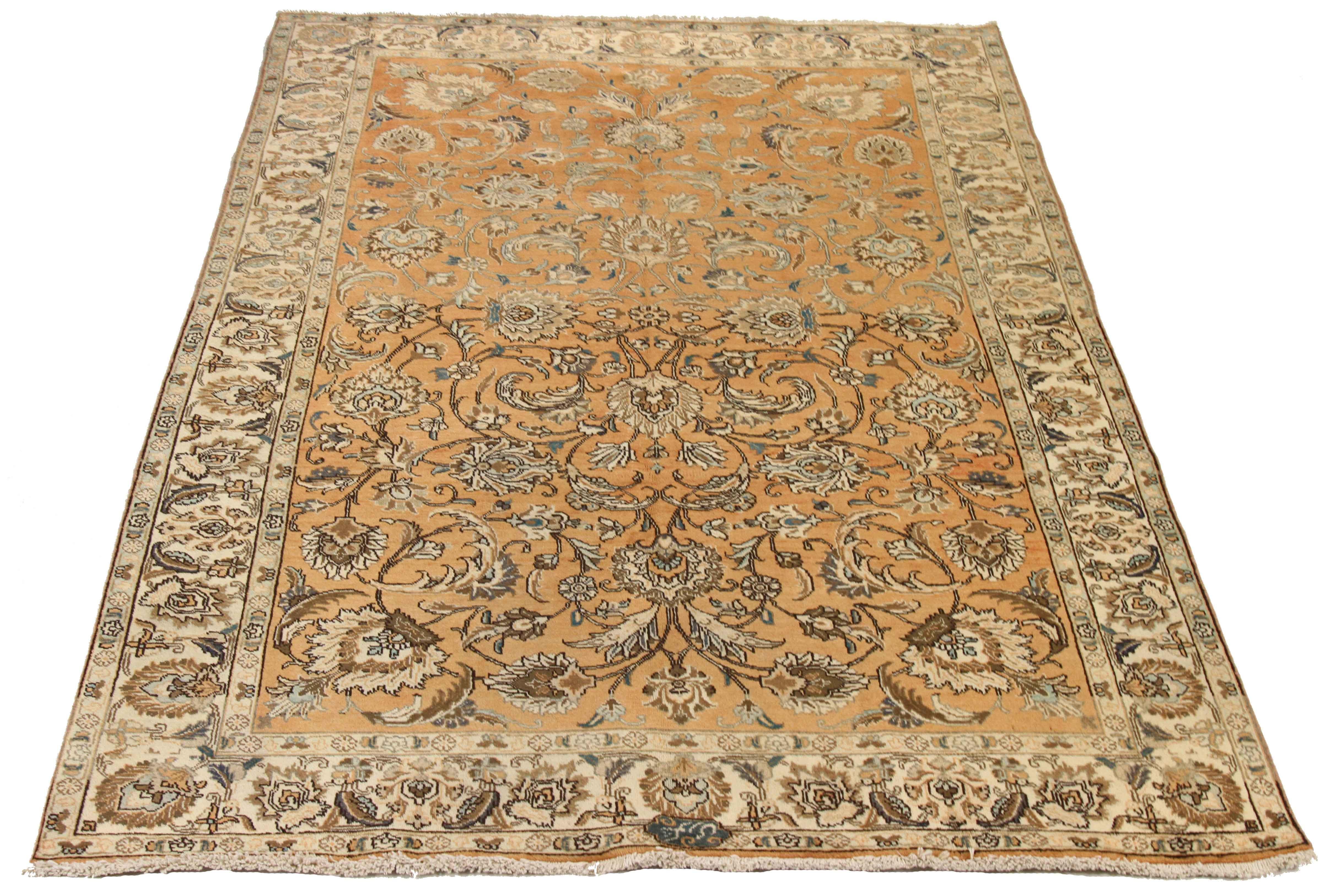 Hand-Woven Antique Persian Tabriz Rug with Brown & Ivory Flower Motifs on Orange Center Fie For Sale