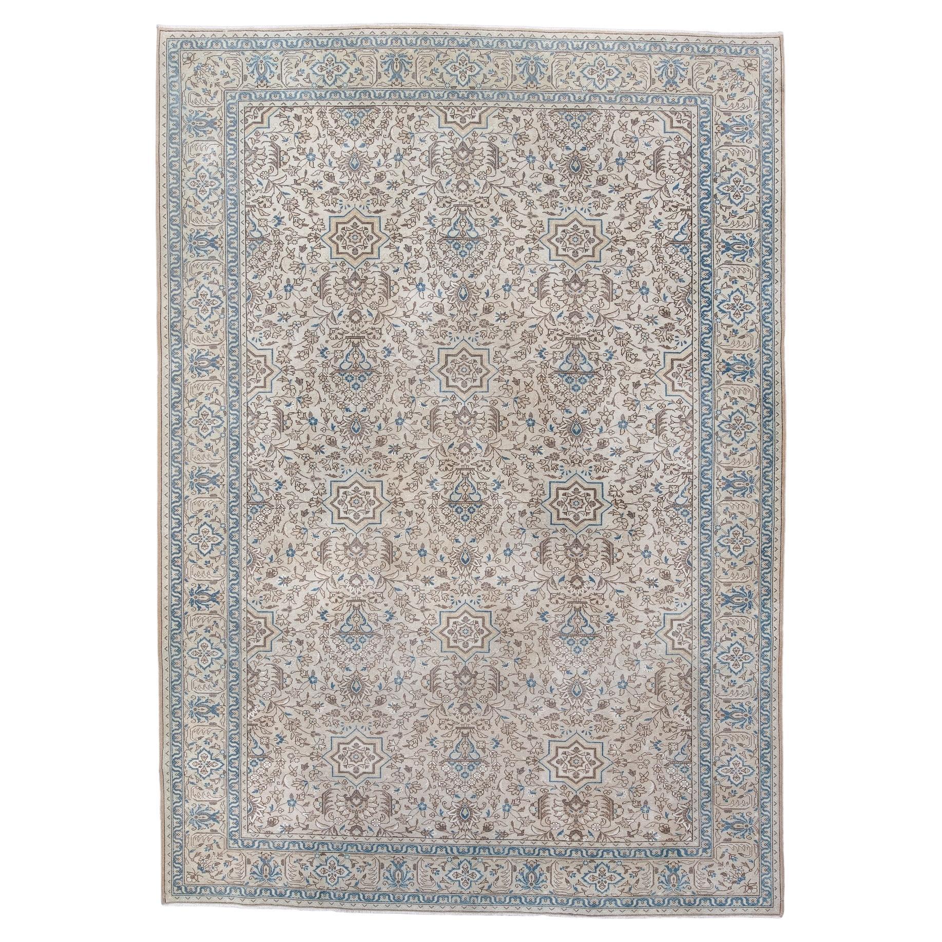 Antique Persian Tabriz Rug with Central Medallion in Sky Blue and Warm Beige