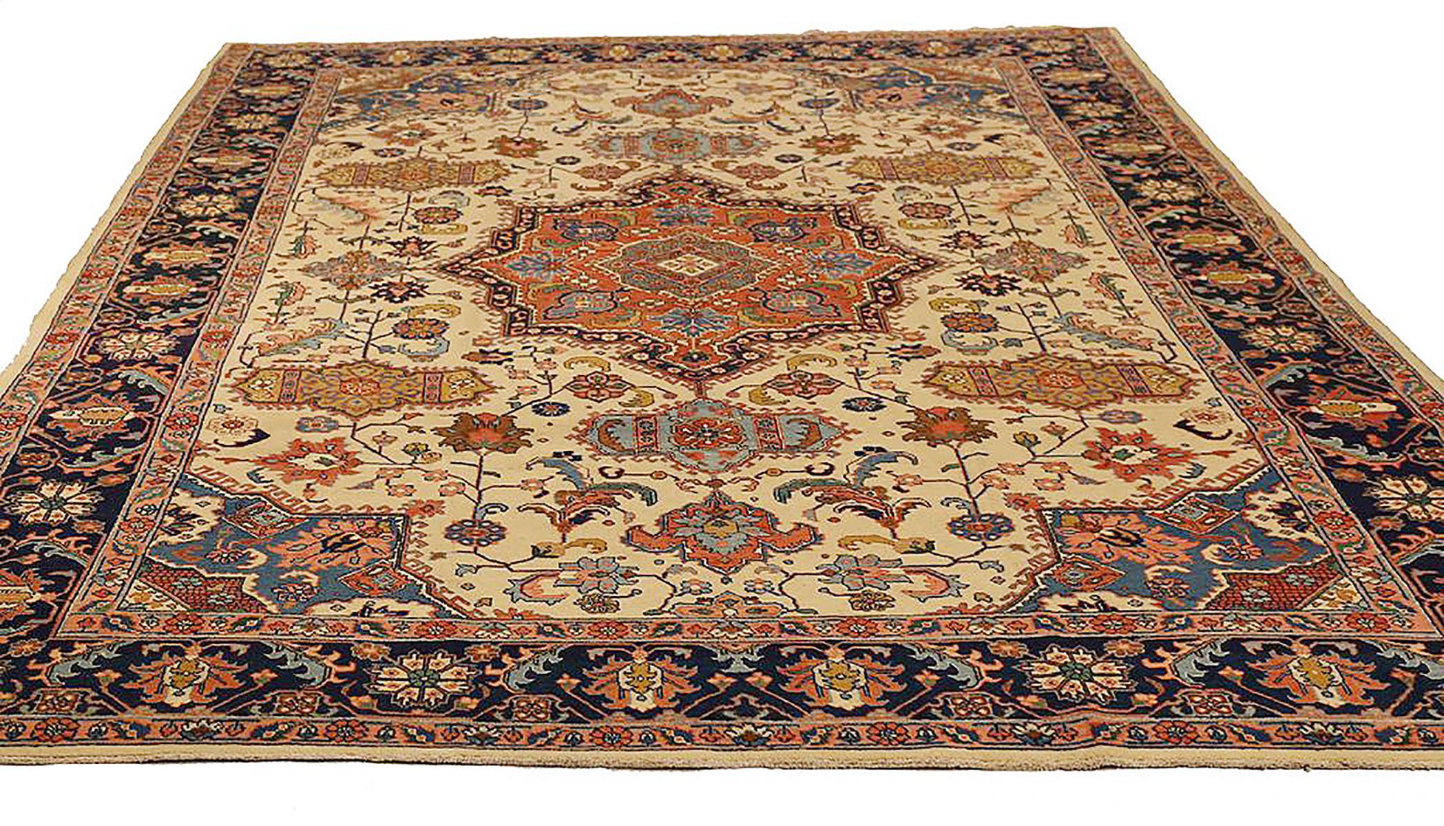 Antique Persian rug handwoven from the finest sheep’s wool and colored with all-natural vegetable dyes that are safe for humans and pets. It’s a traditional Tabriz weaving featuring a lovely ensemble of floral designs highlighted by a central
