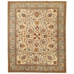 Vintage Persian Tabriz Rug with Colorful Flower Motifs on Ivory Field