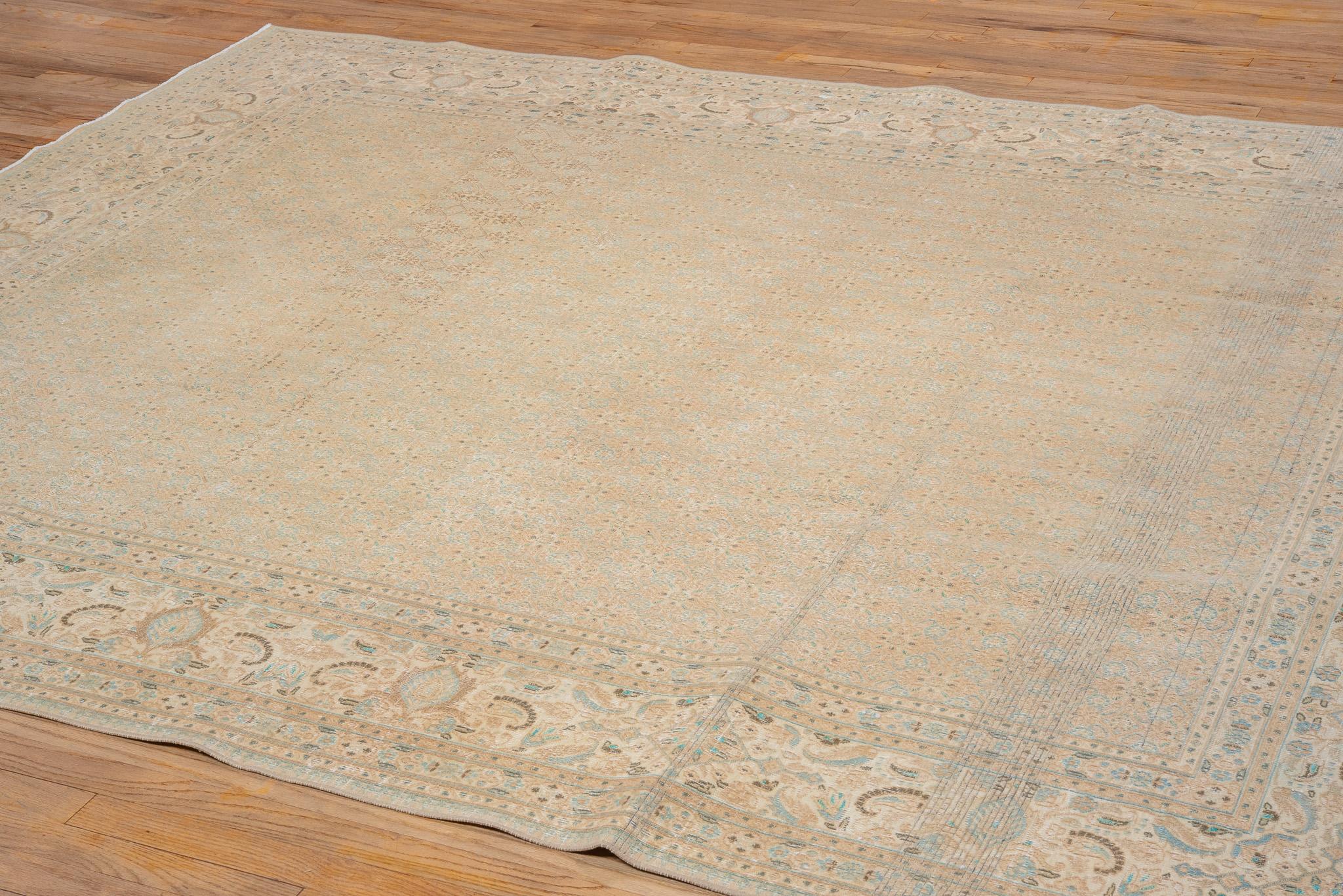 De délicats motifs floraux de couleur beige avec des accents bleus confèrent à ce tapis Tabriz persan ancien un charme intemporel. La palette de couleurs douces et les motifs complexes en font un ajout polyvalent à n'importe quelle pièce.