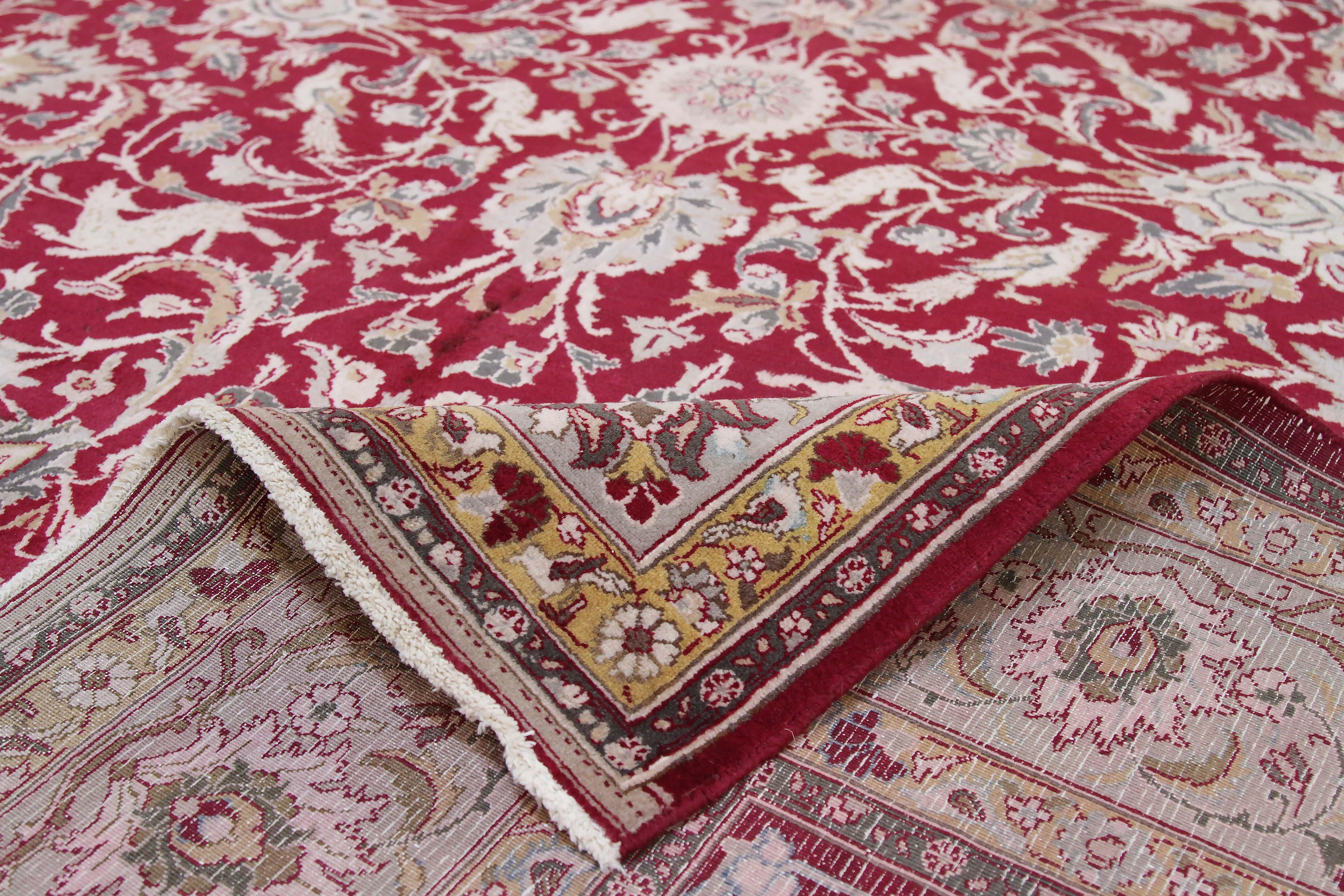 Wool Antique Persian Tabriz Rug with Floral Details on Red Field For Sale