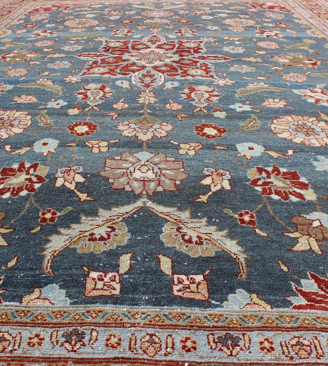 Antique Persian Tabriz Rug with Floral Medallion Design in Steel Blue & Red  For Sale 5