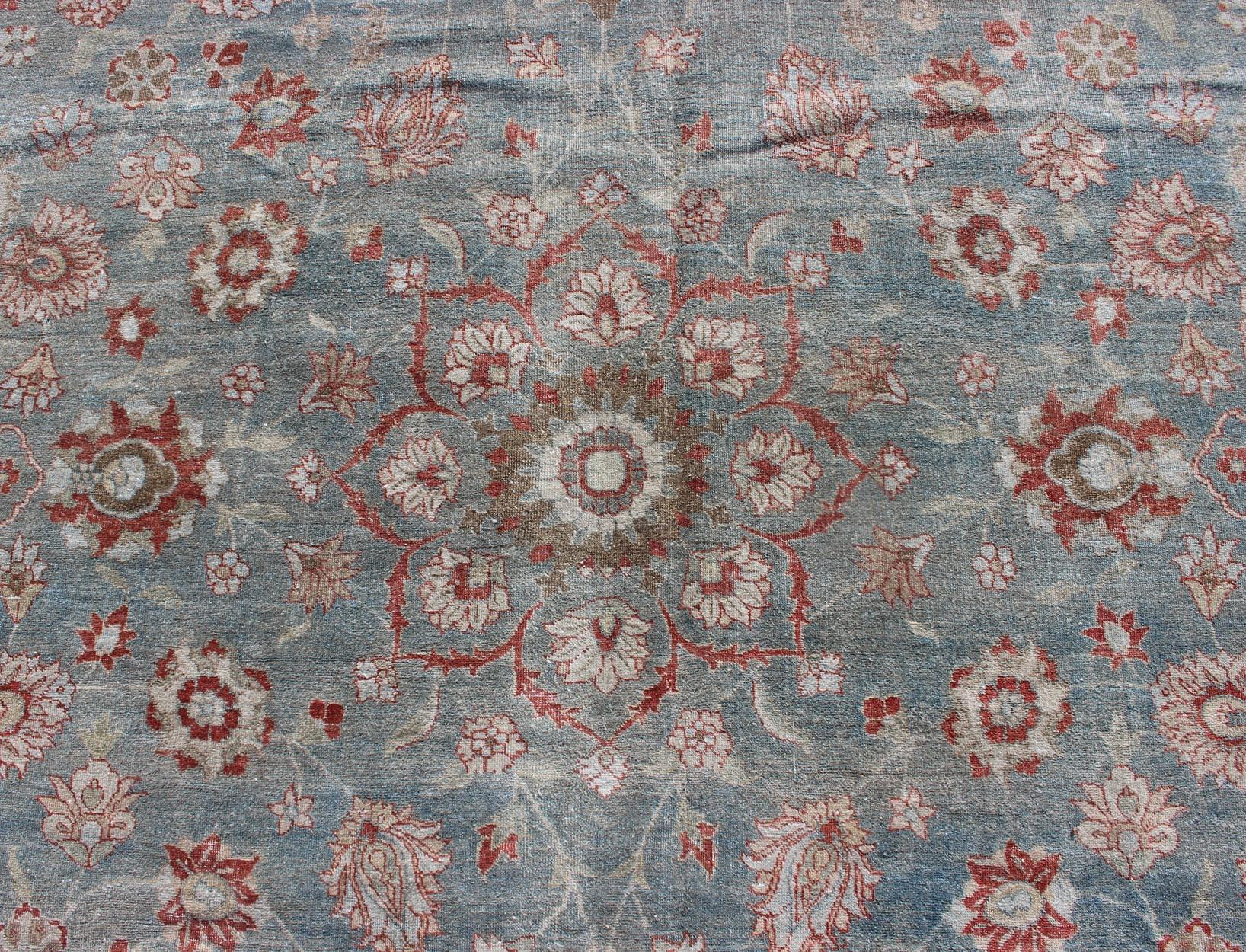 Antique Persian Tabriz Rug with Floral Medallion Design in Red and Blue For Sale 3