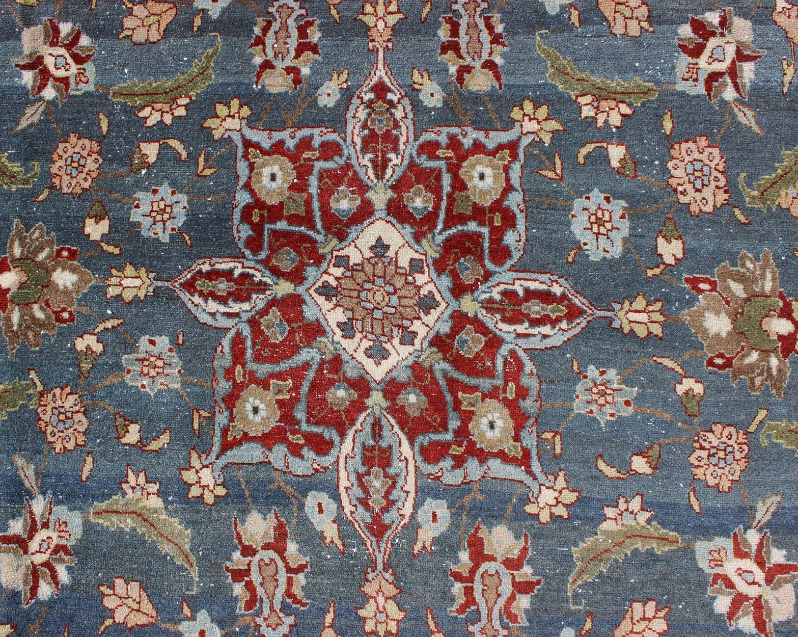 Antique Persian Tabriz Rug with Floral Medallion Design in Steel Blue & Red  For Sale 6