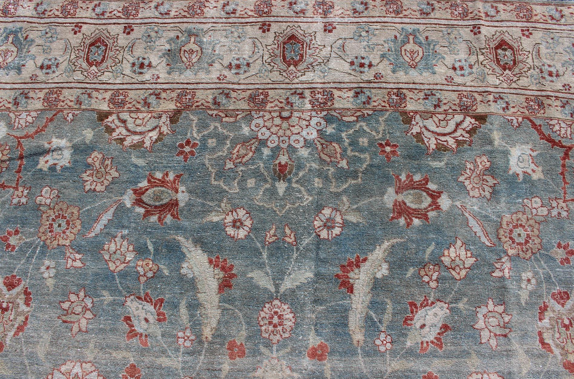 Antique Persian Tabriz Rug with Floral Medallion Design in Red and Blue For Sale 4