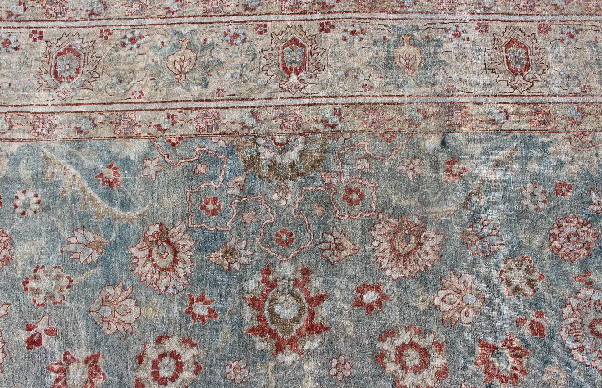 Antique Persian Tabriz Rug with Floral Medallion Design in Red and Blue For Sale 5