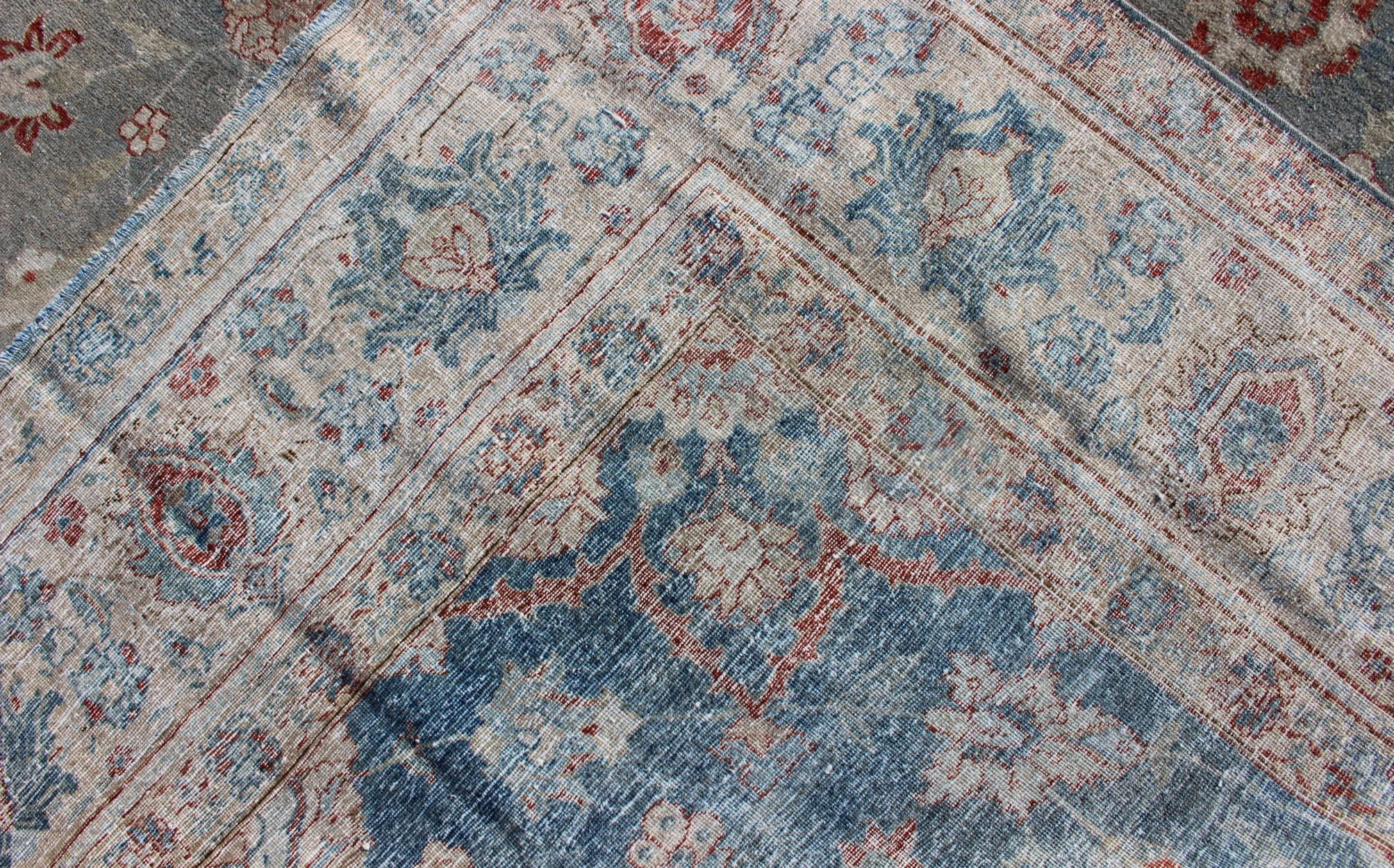 Antique Persian Tabriz Rug with Floral Medallion Design in Red and Blue For Sale 6