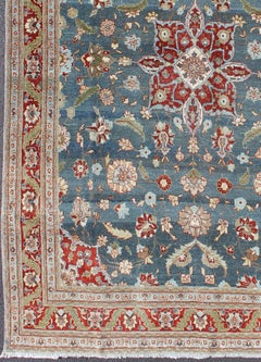 Antique Persian Tabriz Rug with Floral Medallion Design in Steel Blue & Red