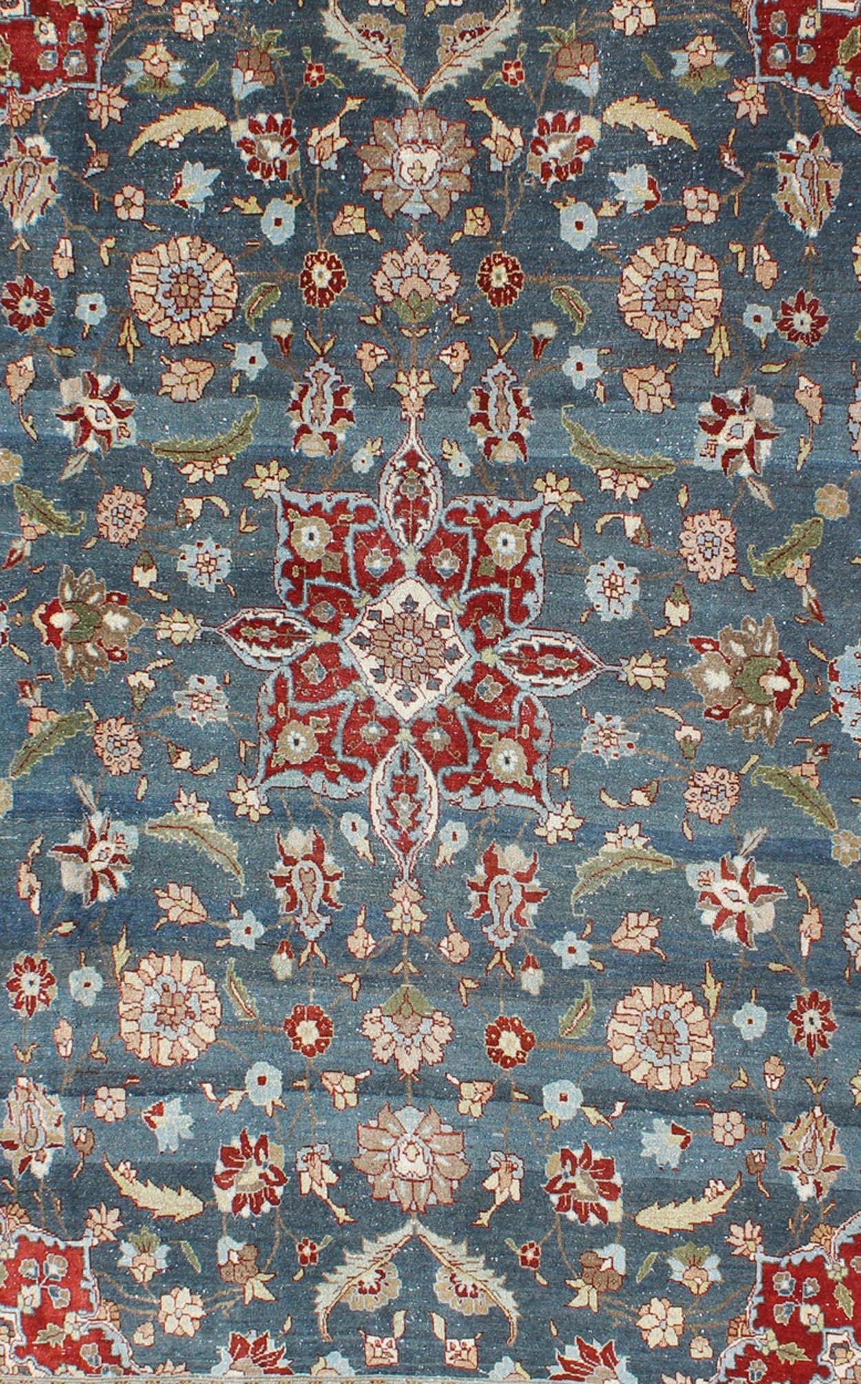 Hand-Knotted Antique Persian Tabriz Rug with Floral Medallion Design in Steel Blue & Red  For Sale