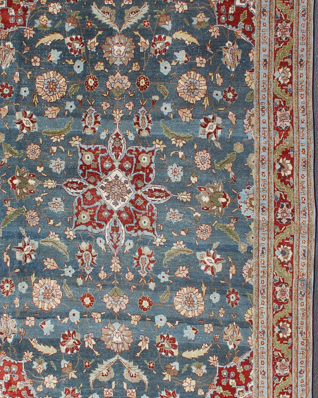 Antique Persian Tabriz Rug with Floral Medallion Design in Steel Blue & Red  In Good Condition For Sale In Atlanta, GA