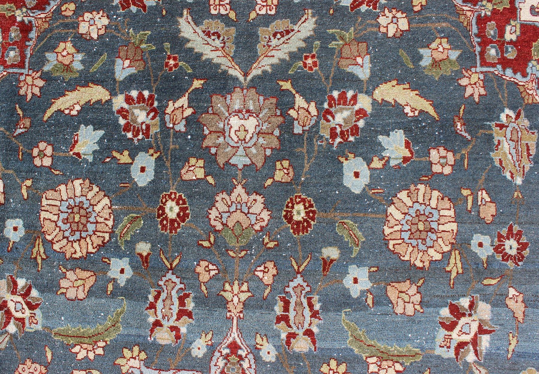 Wool Antique Persian Tabriz Rug with Floral Medallion Design in Steel Blue & Red  For Sale