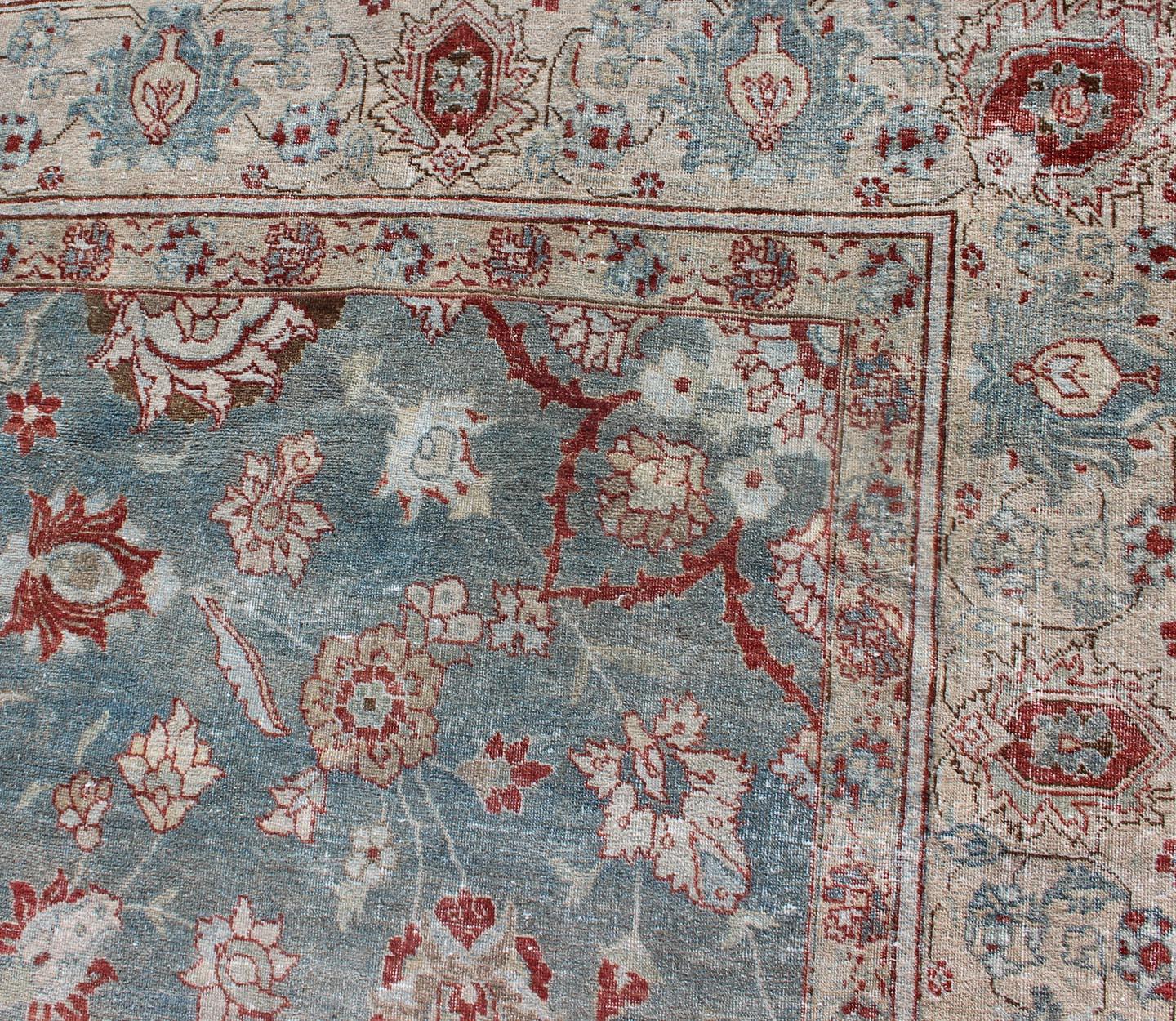 Wool Antique Persian Tabriz Rug with Floral Medallion Design in Red and Blue For Sale