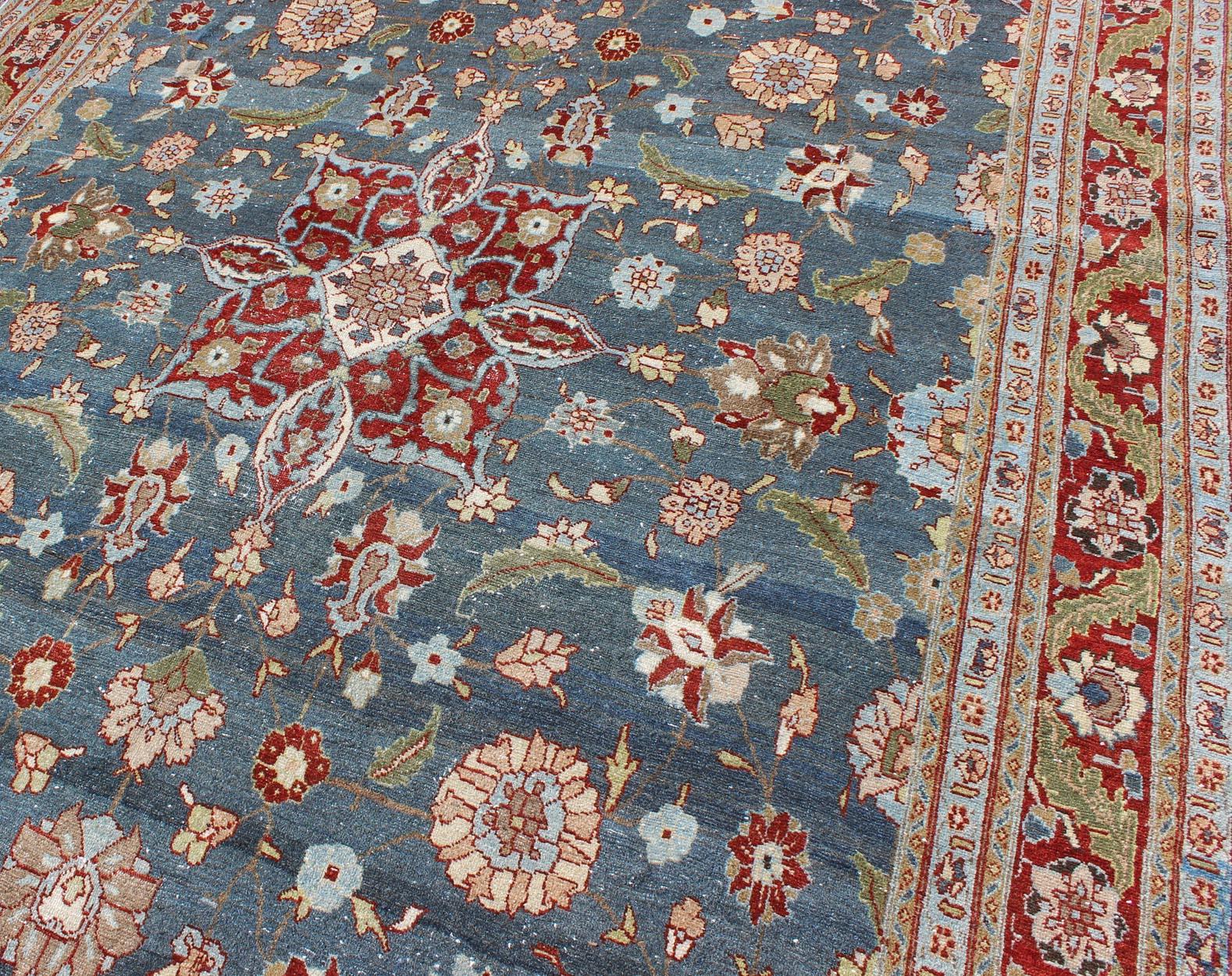 Antique Persian Tabriz Rug with Floral Medallion Design in Steel Blue & Red  For Sale 3