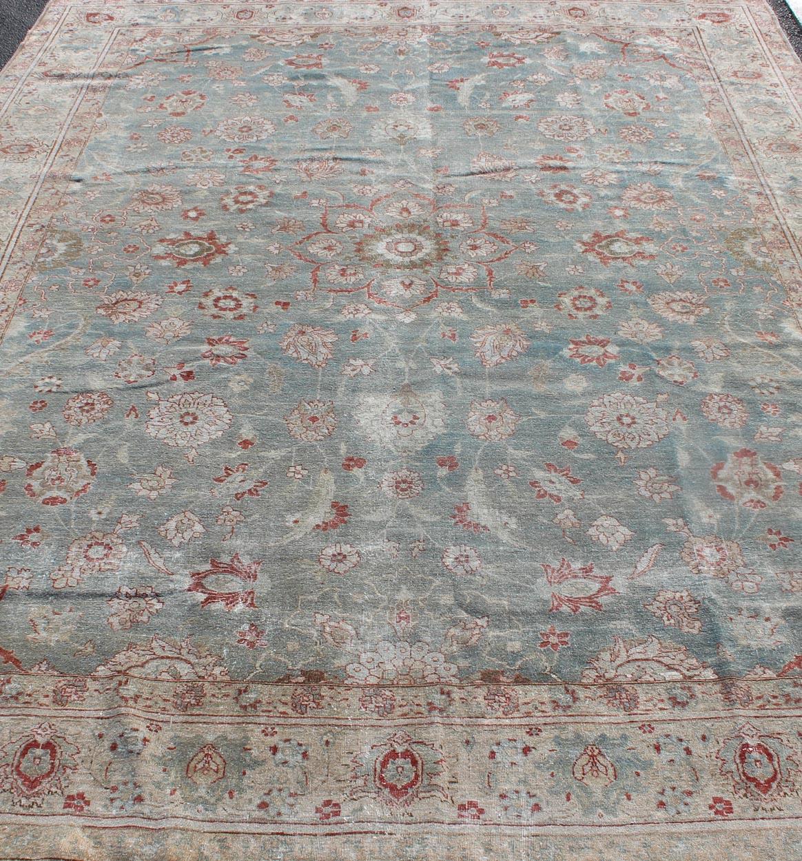 Antique Persian Tabriz Rug with Floral Medallion Design in Red and Blue For Sale 1