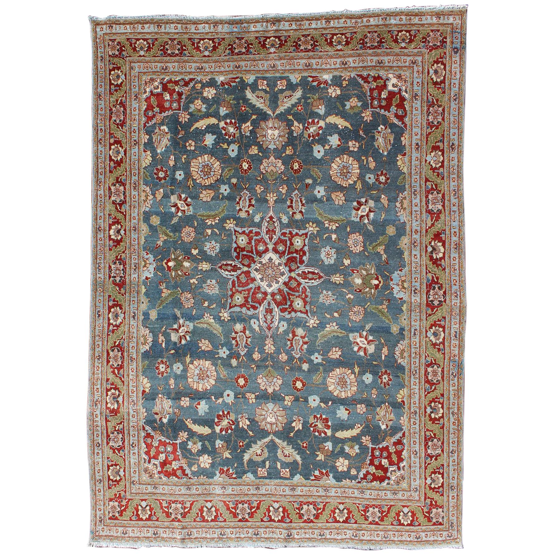 Antique Persian Tabriz Rug with Floral Medallion Design in Steel Blue & Red  For Sale