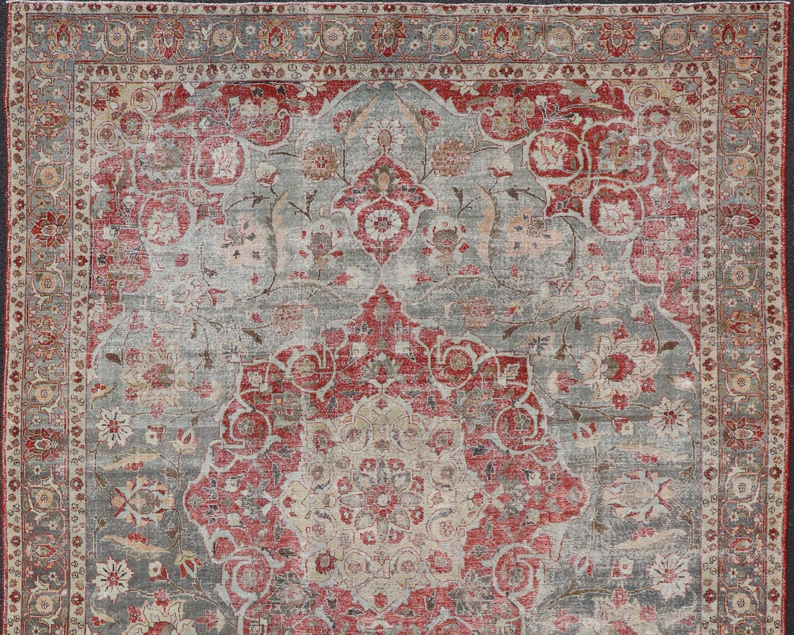 Antique Persian Tabriz Rug with Floral Medallion Design in Tan, Red, and Lt Blue For Sale 7