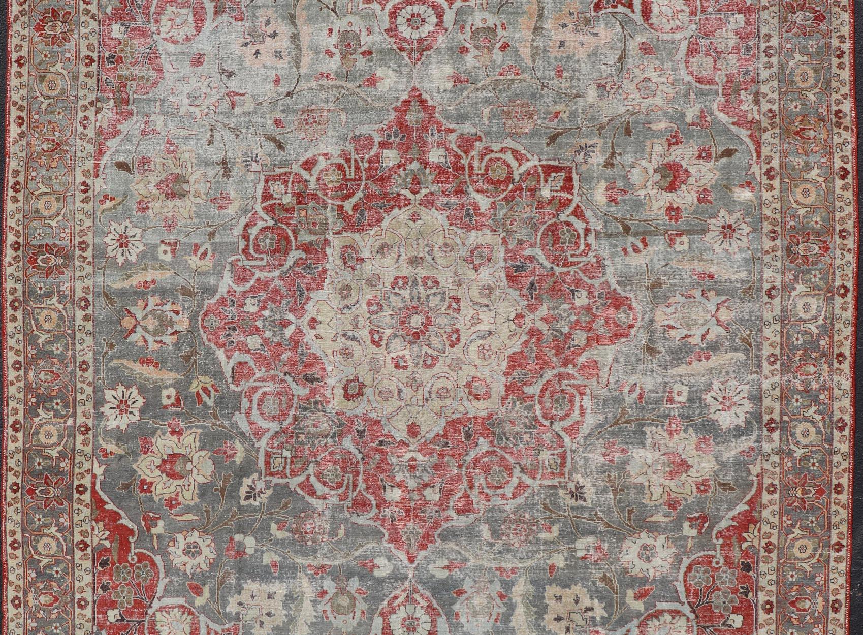 Antique Persian Tabriz Rug with Floral Medallion Design in Tan, Red, and Lt Blue For Sale 8