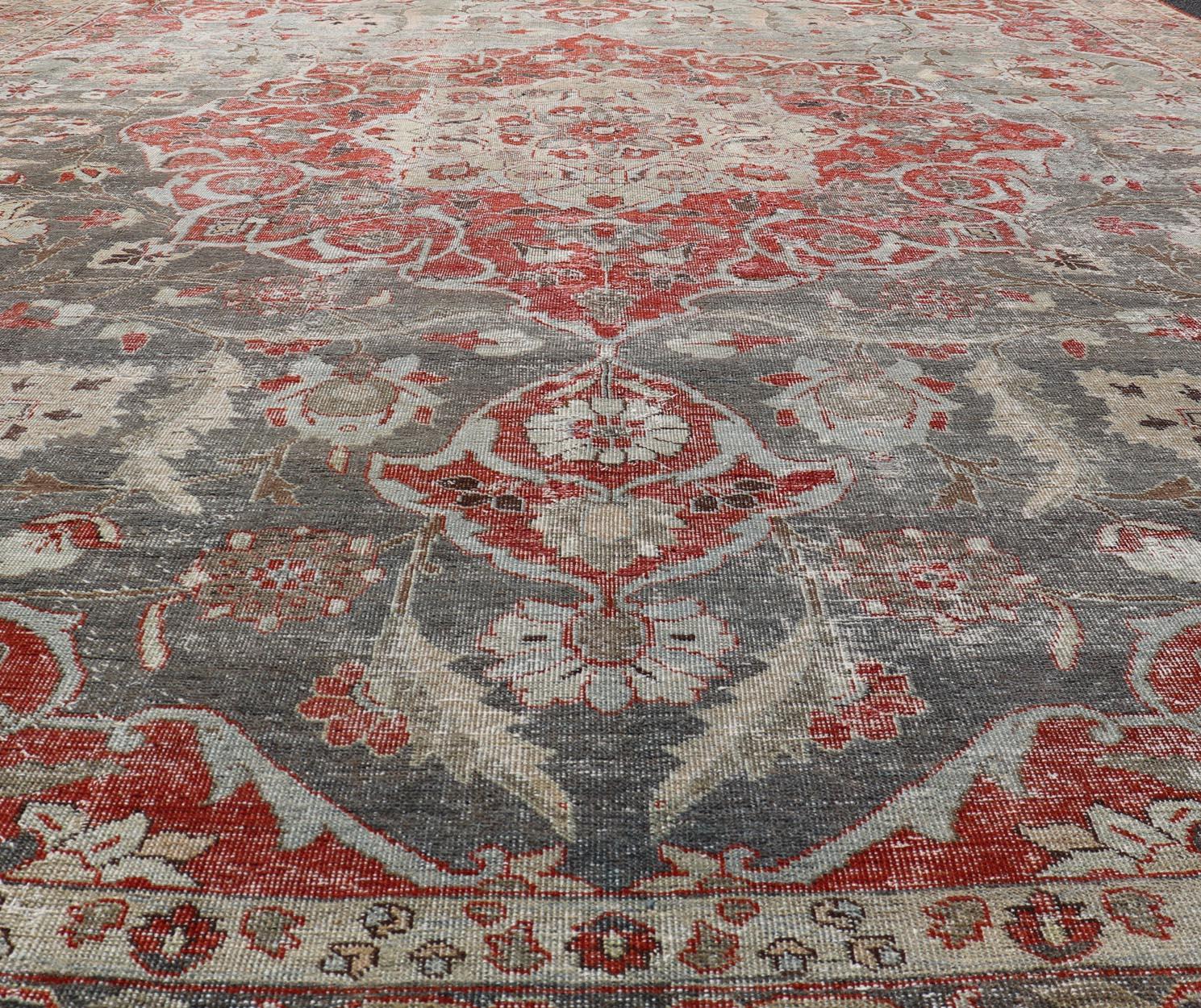 Wool Antique Persian Tabriz Rug with Floral Medallion Design in Tan, Red, and Lt Blue For Sale