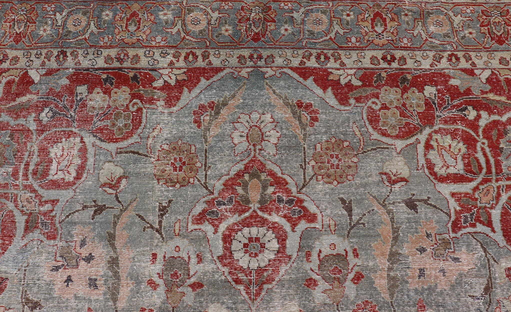 Antique Persian Tabriz Rug with Floral Medallion Design in Tan, Red, and Lt Blue For Sale 2