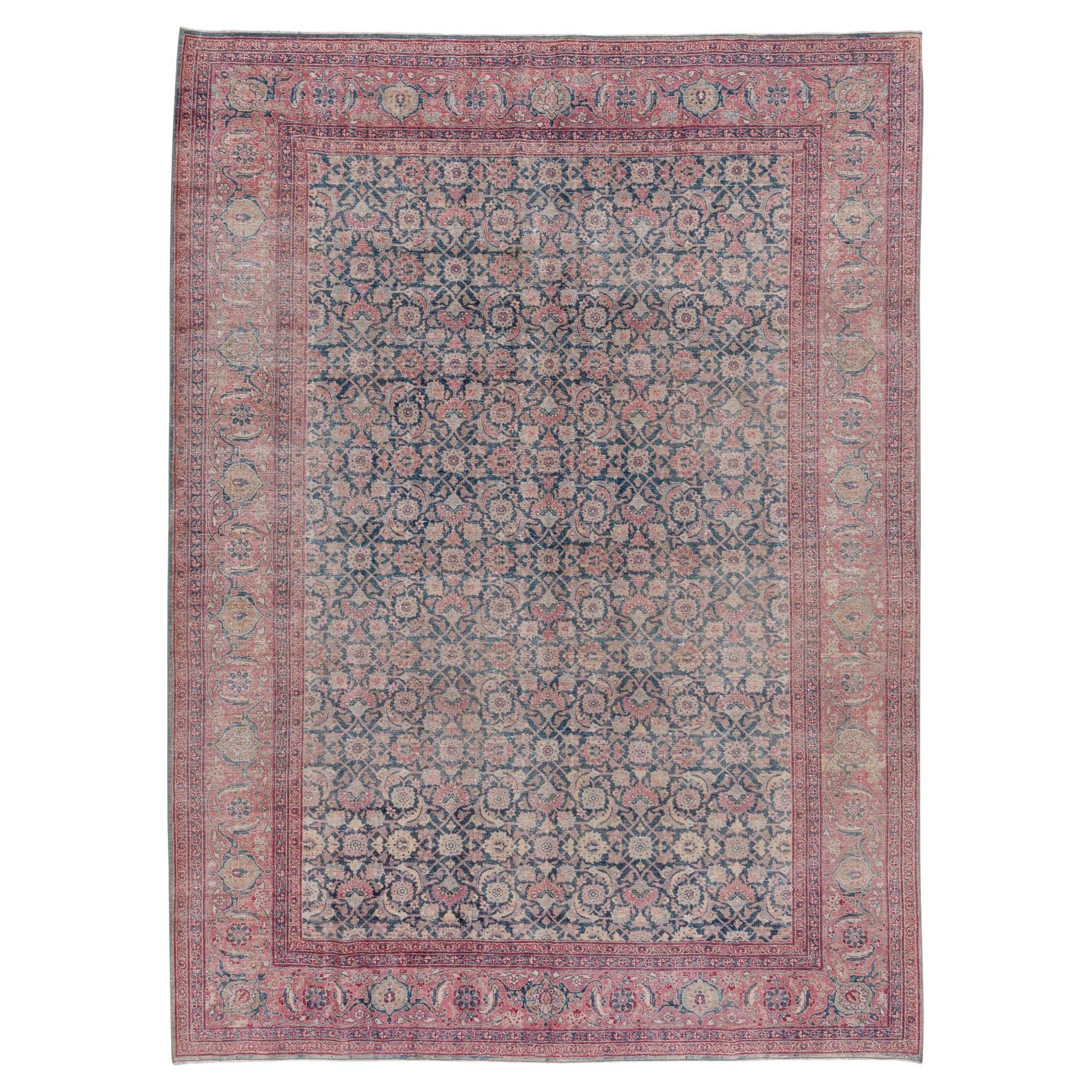 Antique Persian Tabriz Rug with Floral Medallion in Soft Blue and Warm Grape