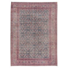 Antique Persian Tabriz Rug with Floral Medallion in Soft Blue and Warm Grape