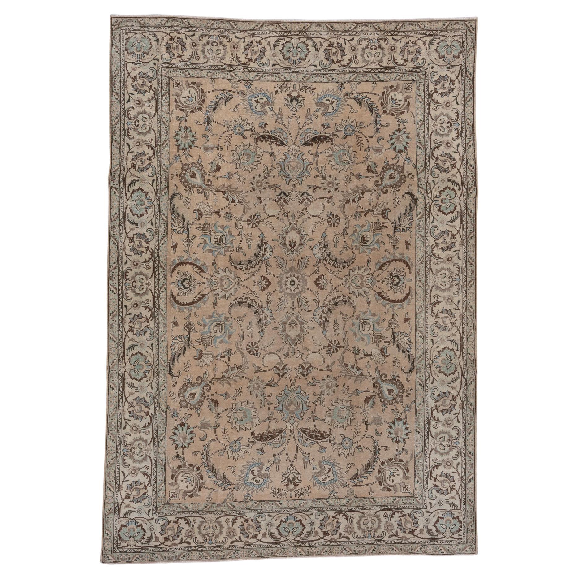 Antique Persian Tabriz Rug with Floral Medallion in Soft, Muted Colors