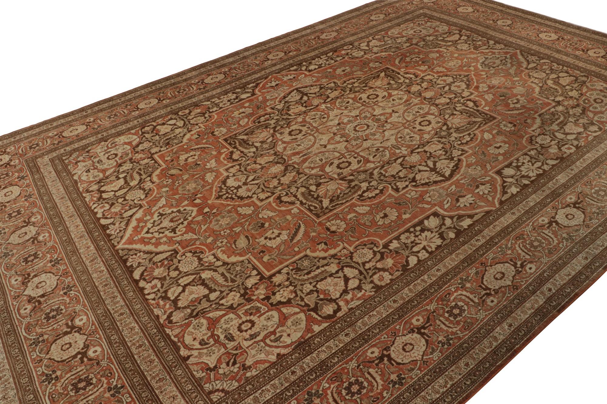 Hand-knotted in wool, circa 1890-1900, this 10x16 antique Persian Tabriz rug, has finely detailed floral patterns in beige, brown and red. 

On the Design: 

Rich, sophisticated and complementary—rare combination of a masterpiece for its period of