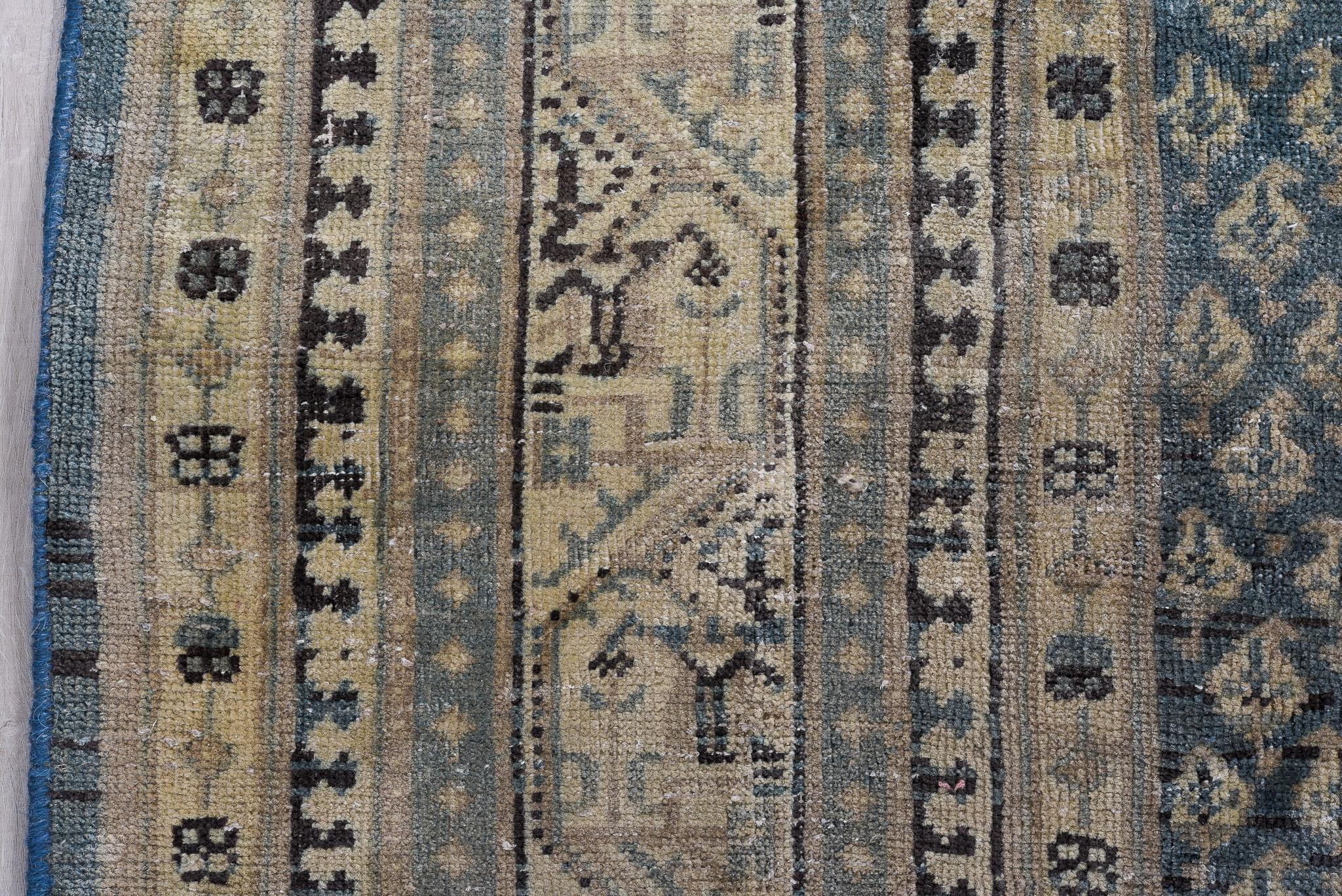 Wool Antique Persian Tabriz Rug with Grand Floral Medallion in Mossy Blue and Beige For Sale