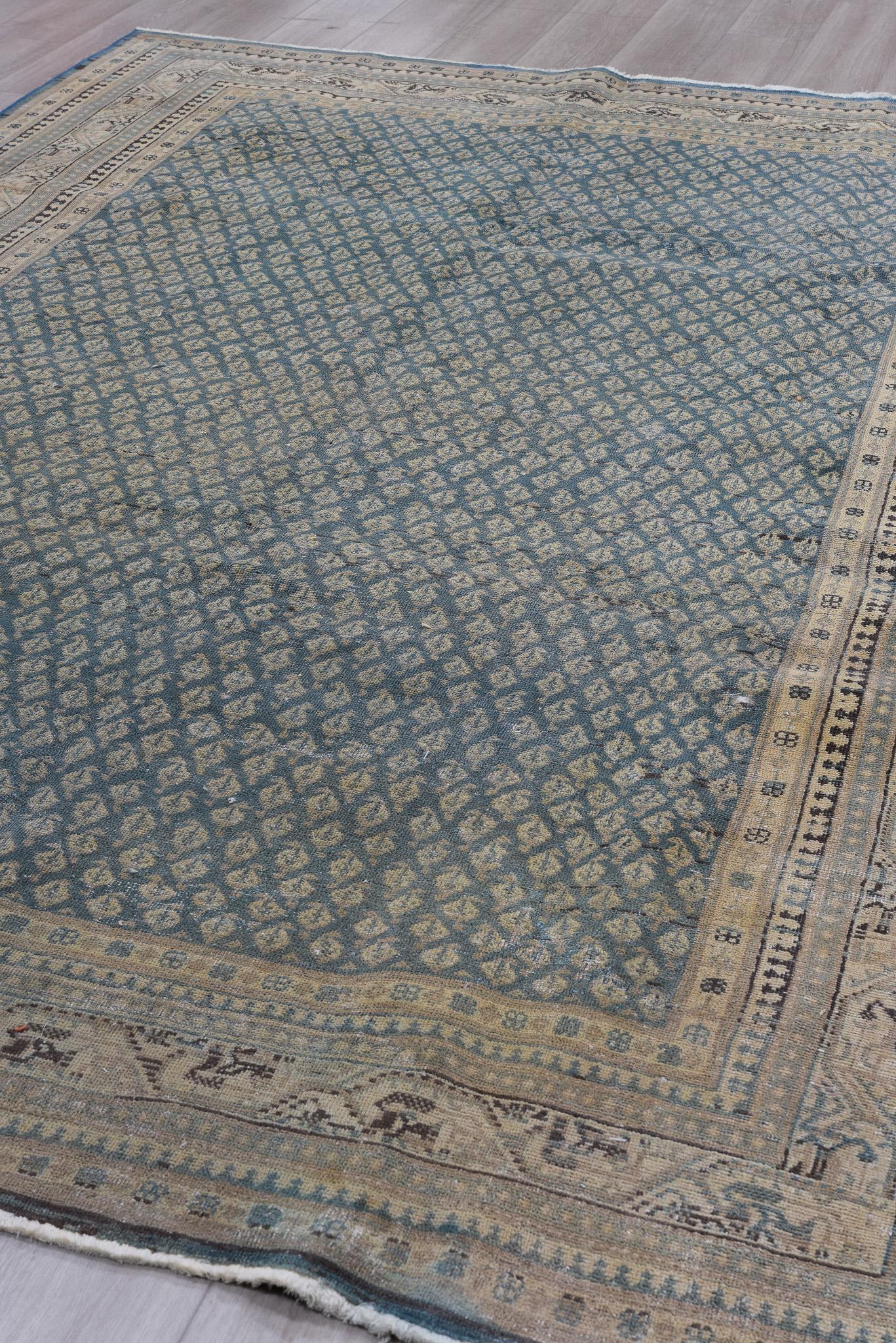 Antique Persian Tabriz Rug with Grand Floral Medallion in Mossy Blue and Beige For Sale 2