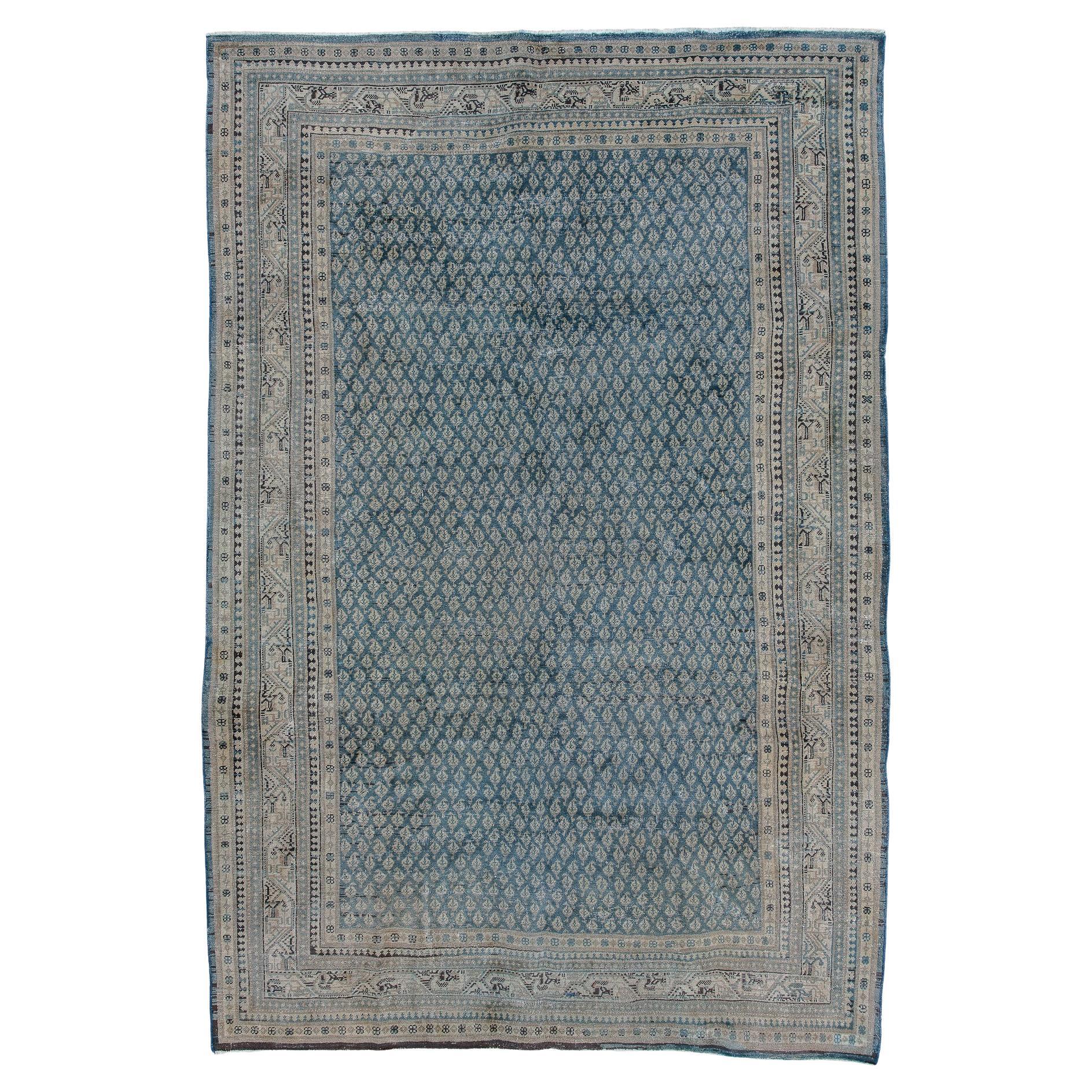 Antique Persian Tabriz Rug with Grand Floral Medallion in Mossy Blue and Beige