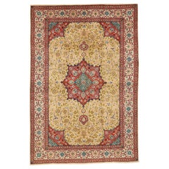 Antique Persian Tabriz Rug with Green and Pink Floral Details on Center Field