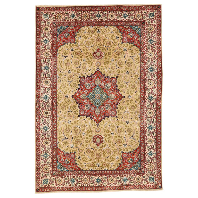 Antique Persian Tabriz Rug with Green and Pink Floral Details on Center
