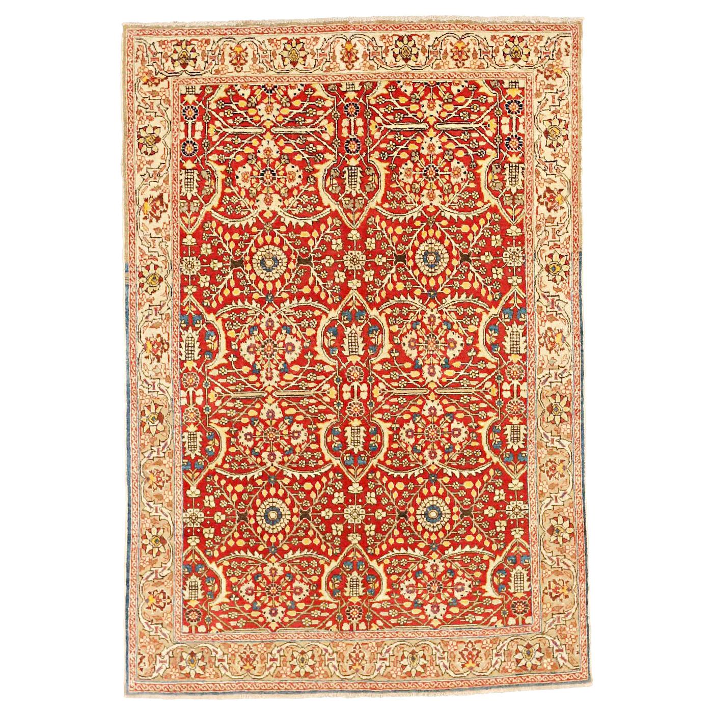 Antique Persian Tabriz Rug with Ivory and Navy Flower Details on Red Field