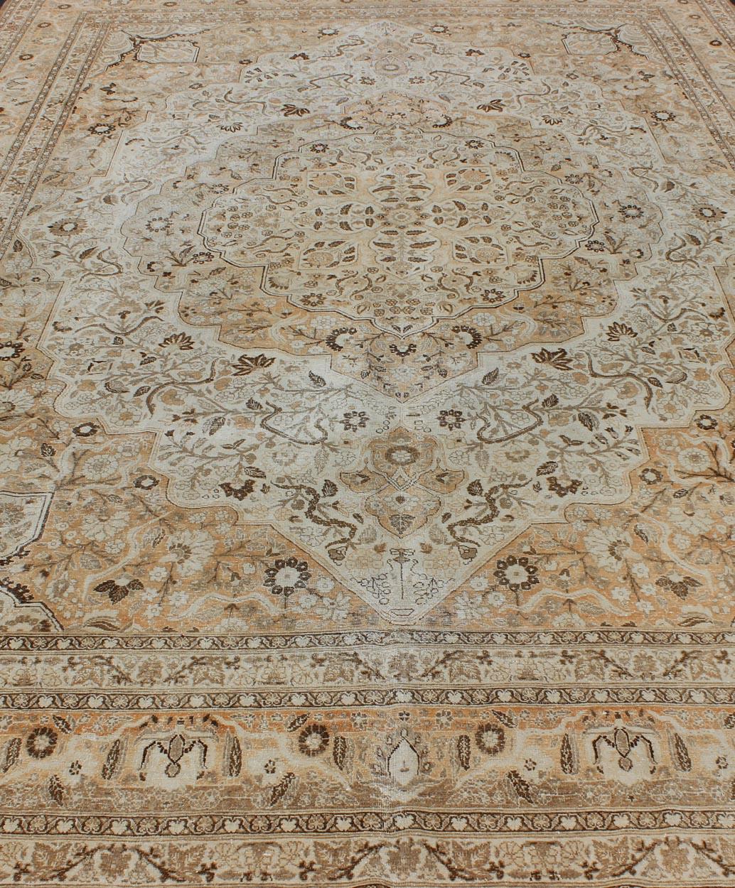 Antique Persian Tabriz Rug with Layered Medallion in Light Copper, Brown & Cream For Sale 5