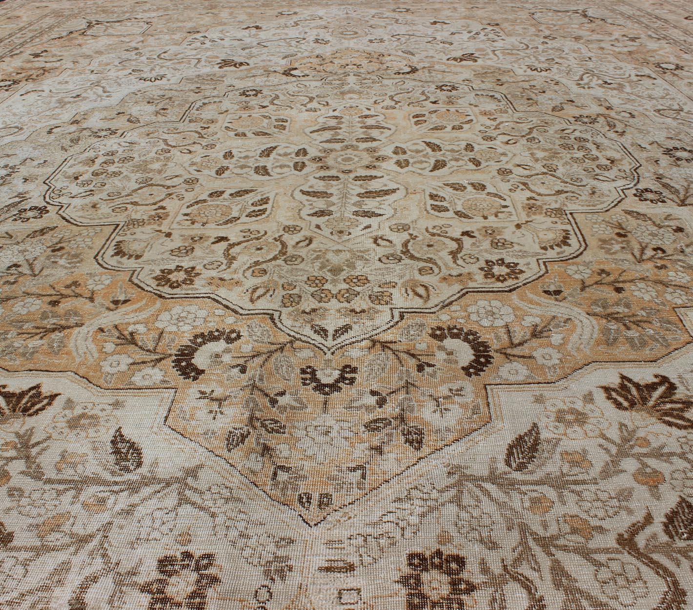 Antique Persian Tabriz Rug with Layered Medallion in Light Copper, Brown & Cream For Sale 6