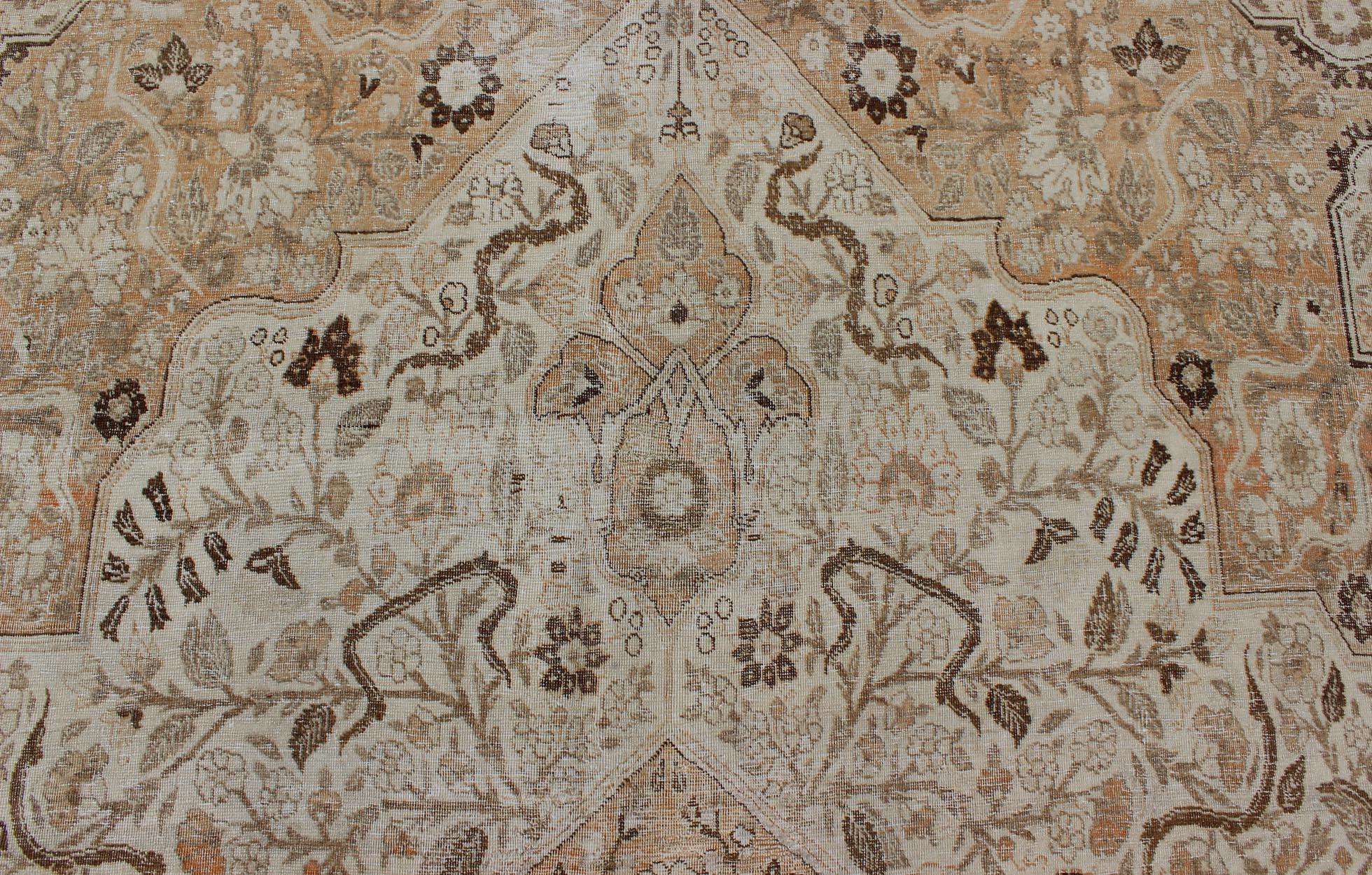 Antique Persian Tabriz Rug with Layered Medallion in Light Copper, Brown & Cream For Sale 8