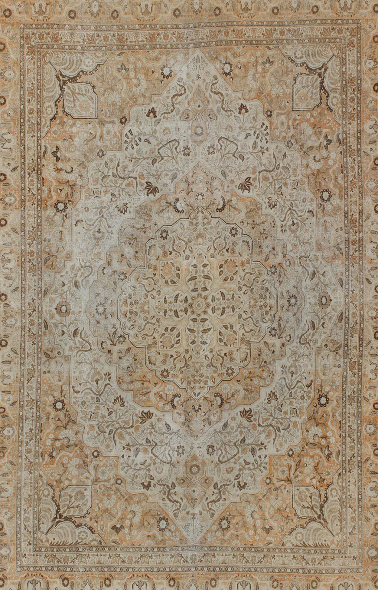 Hand-Knotted Antique Persian Tabriz Rug with Layered Medallion in Light Copper, Brown & Cream For Sale