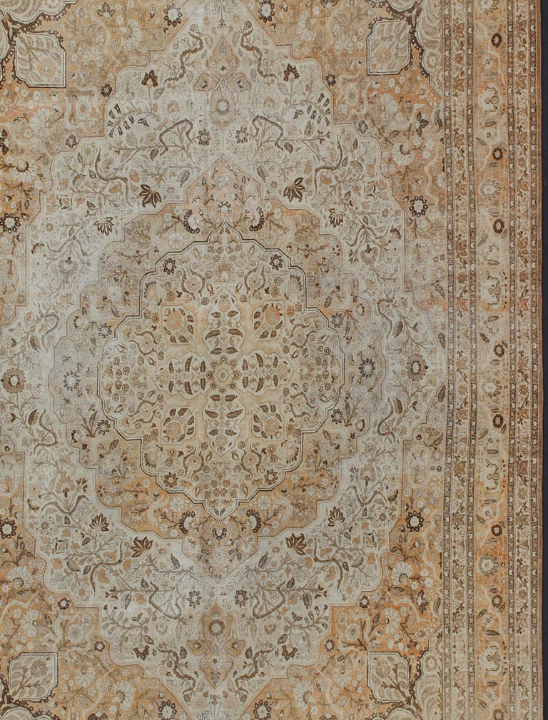 Antique Persian Tabriz Rug with Layered Medallion in Coral, Gray, Taupe