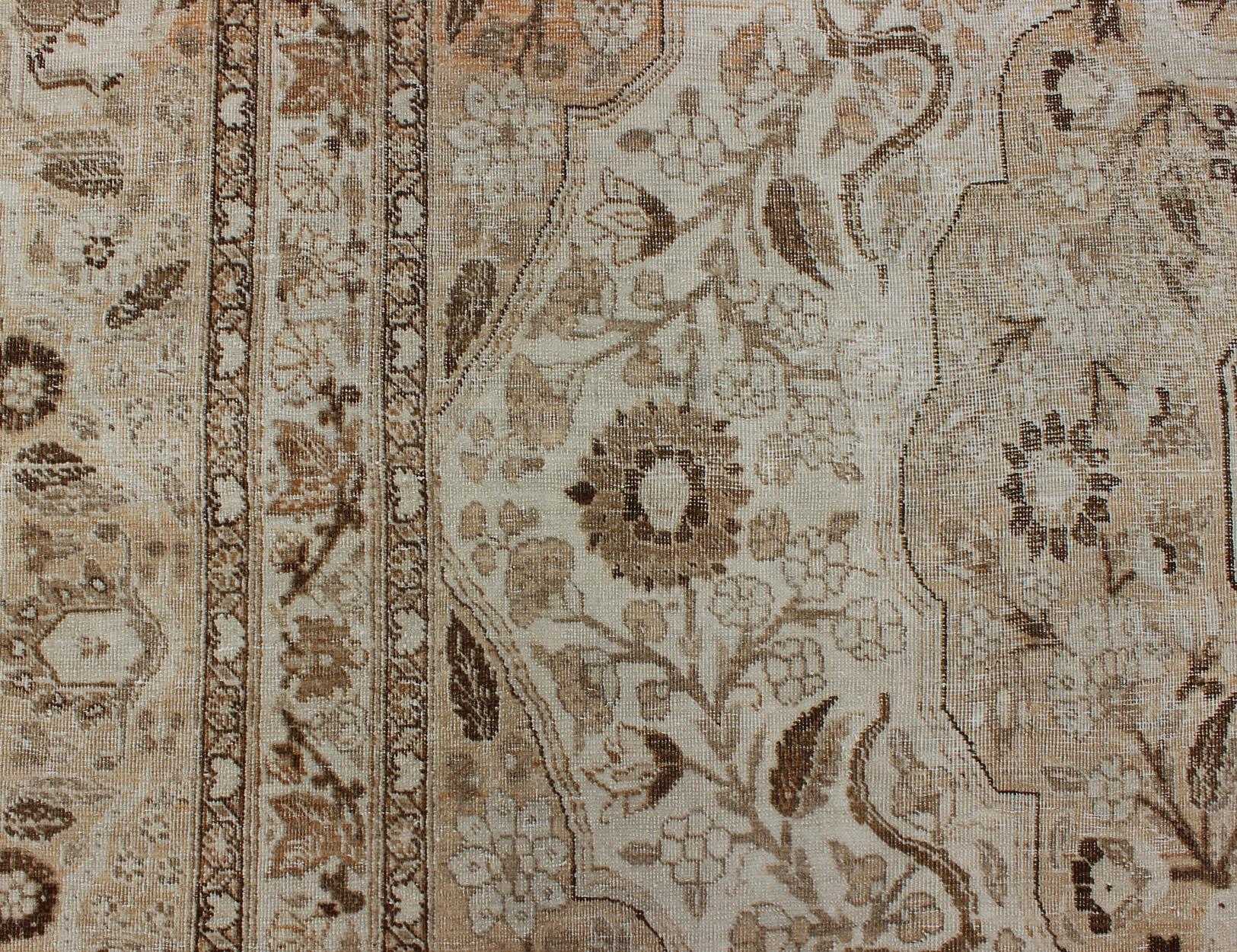 Wool Antique Persian Tabriz Rug with Layered Medallion in Light Copper, Brown & Cream For Sale