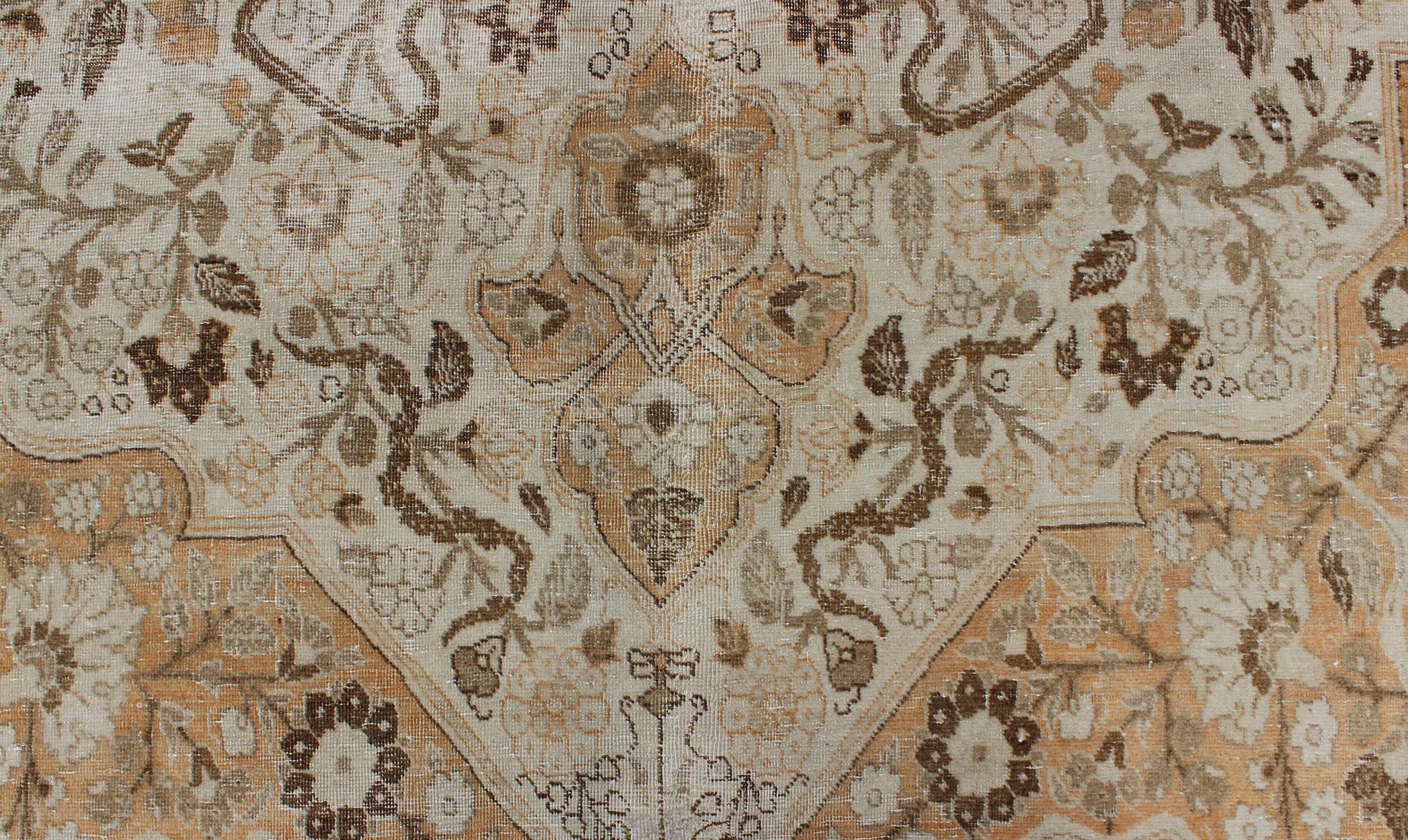 Antique Persian Tabriz Rug with Layered Medallion in Light Copper, Brown & Cream For Sale 1
