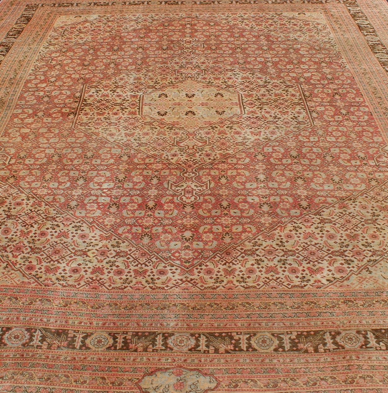 Antique Persian Tabriz Rug with Medallion Design in Coral, Cream and Brown Tones For Sale 4