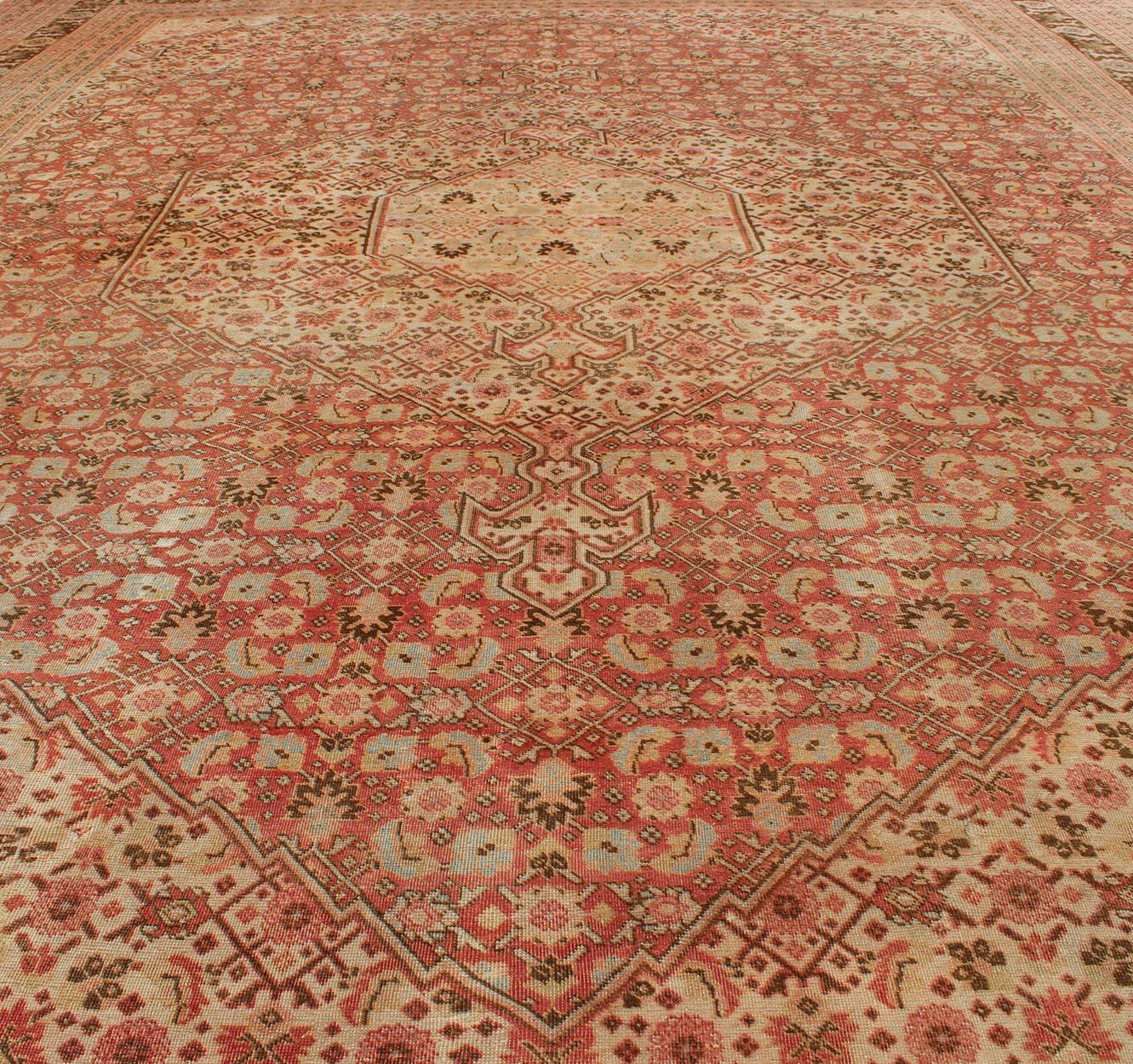 Antique Persian Tabriz Rug with Medallion Design in Coral, Cream and Brown Tones For Sale 5