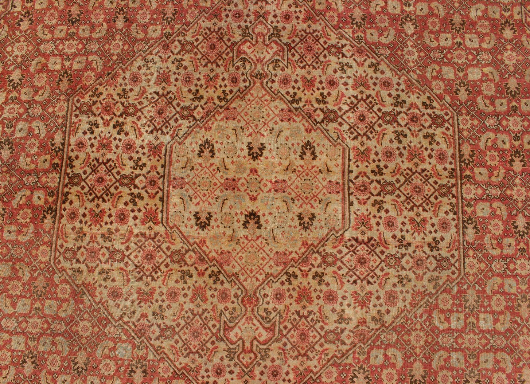 Antique Persian Tabriz Rug with Medallion Design in Coral, Cream and Brown Tones For Sale 6