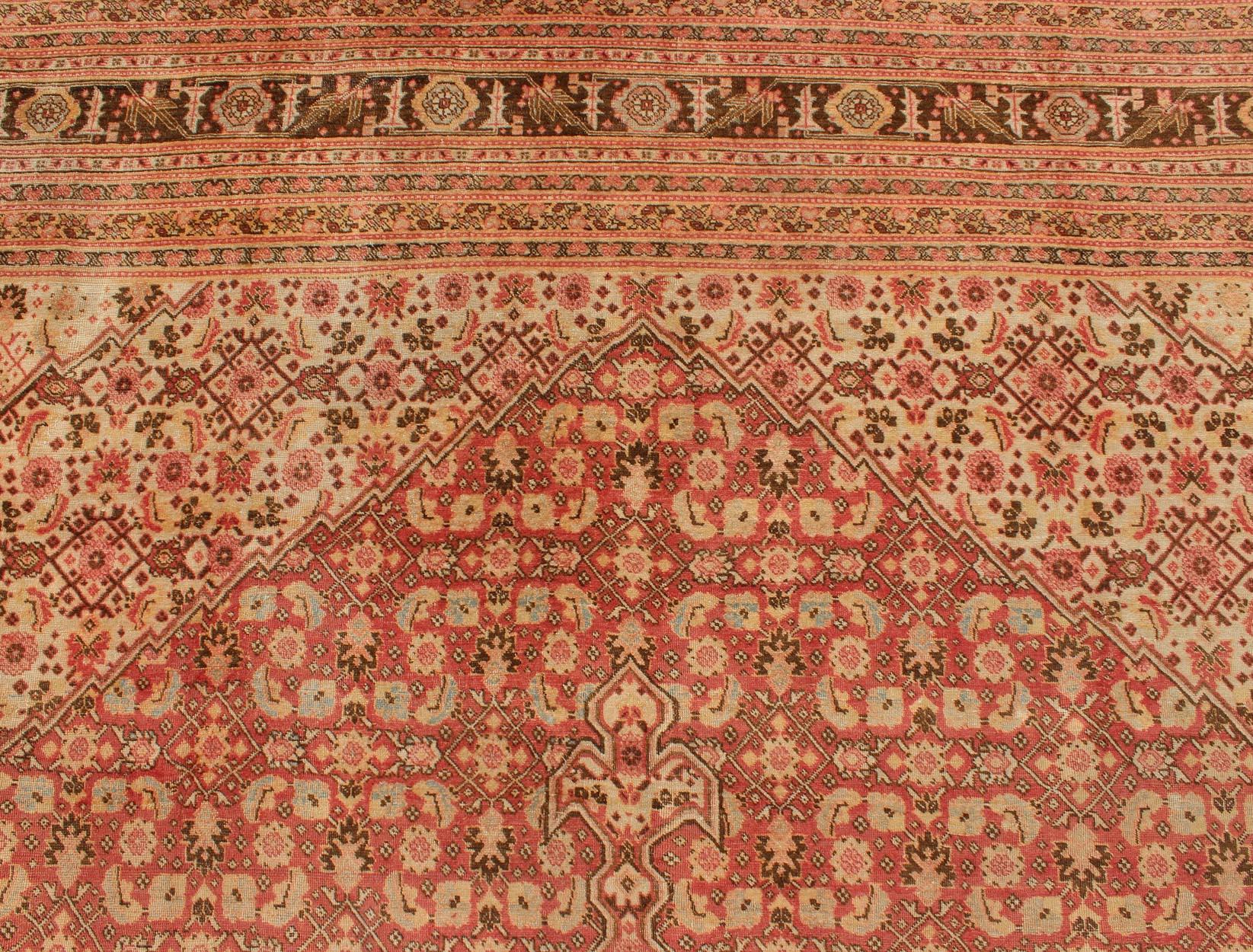 Antique Persian Tabriz Rug with Medallion Design in Coral, Cream and Brown Tones For Sale 7