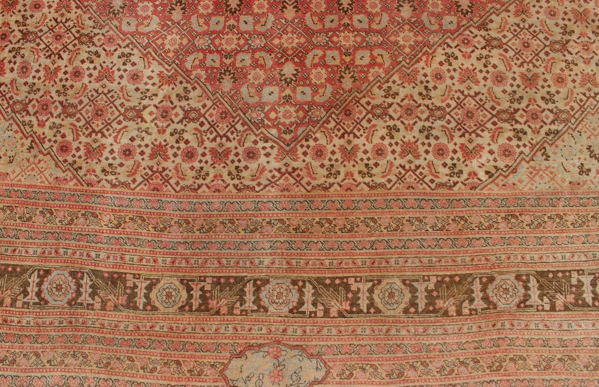 Antique Persian Tabriz Rug with Medallion Design in Coral, Cream and Brown Tones For Sale 8