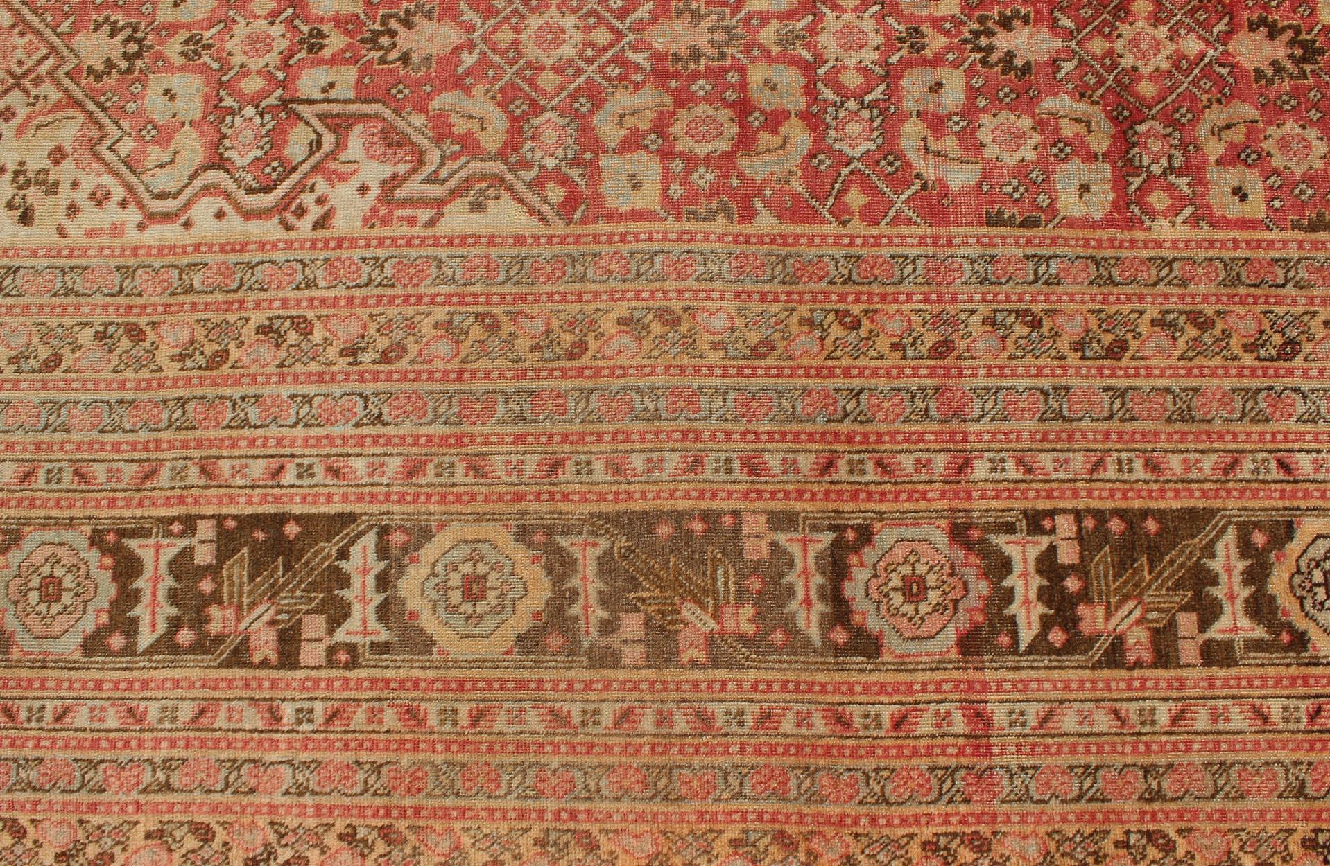 Antique Persian Tabriz Rug with Medallion Design in Coral, Cream and Brown Tones For Sale 1