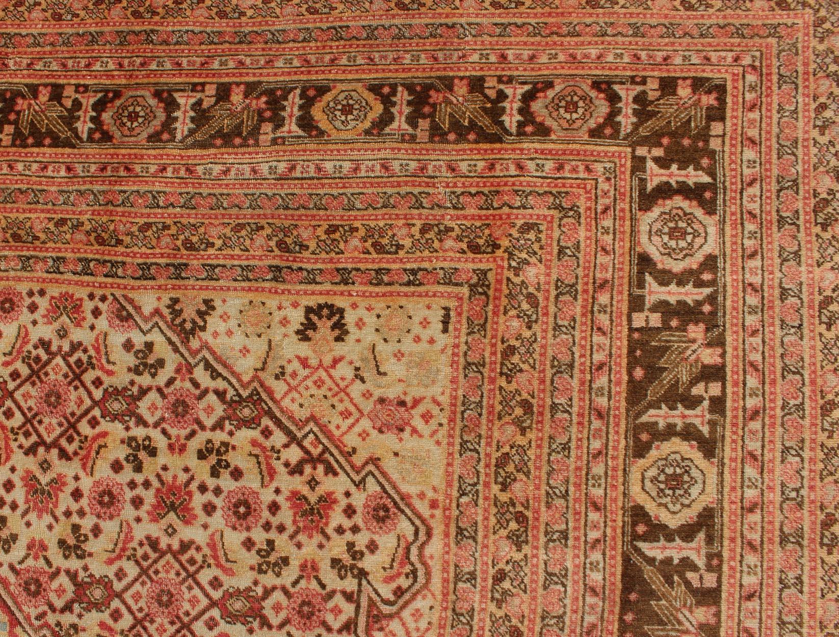 Antique Persian Tabriz Rug with Medallion Design in Coral, Cream and Brown Tones For Sale 2