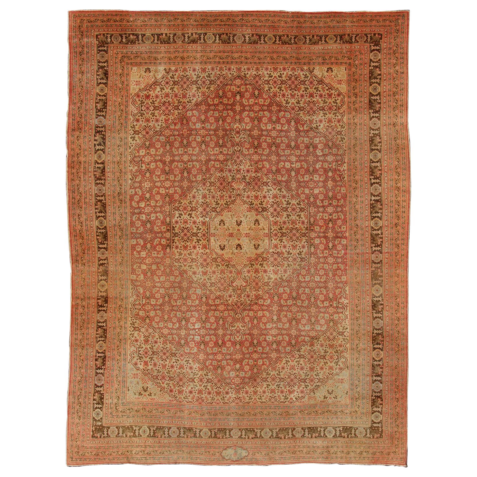 Antique Persian Tabriz Rug with Medallion Design in Coral, Cream and Brown Tones For Sale